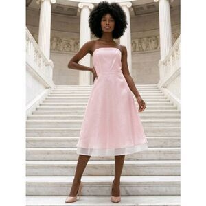 🍑Vintage After Six Pink Organza Strapless Belted Cocktail Dress Size 8